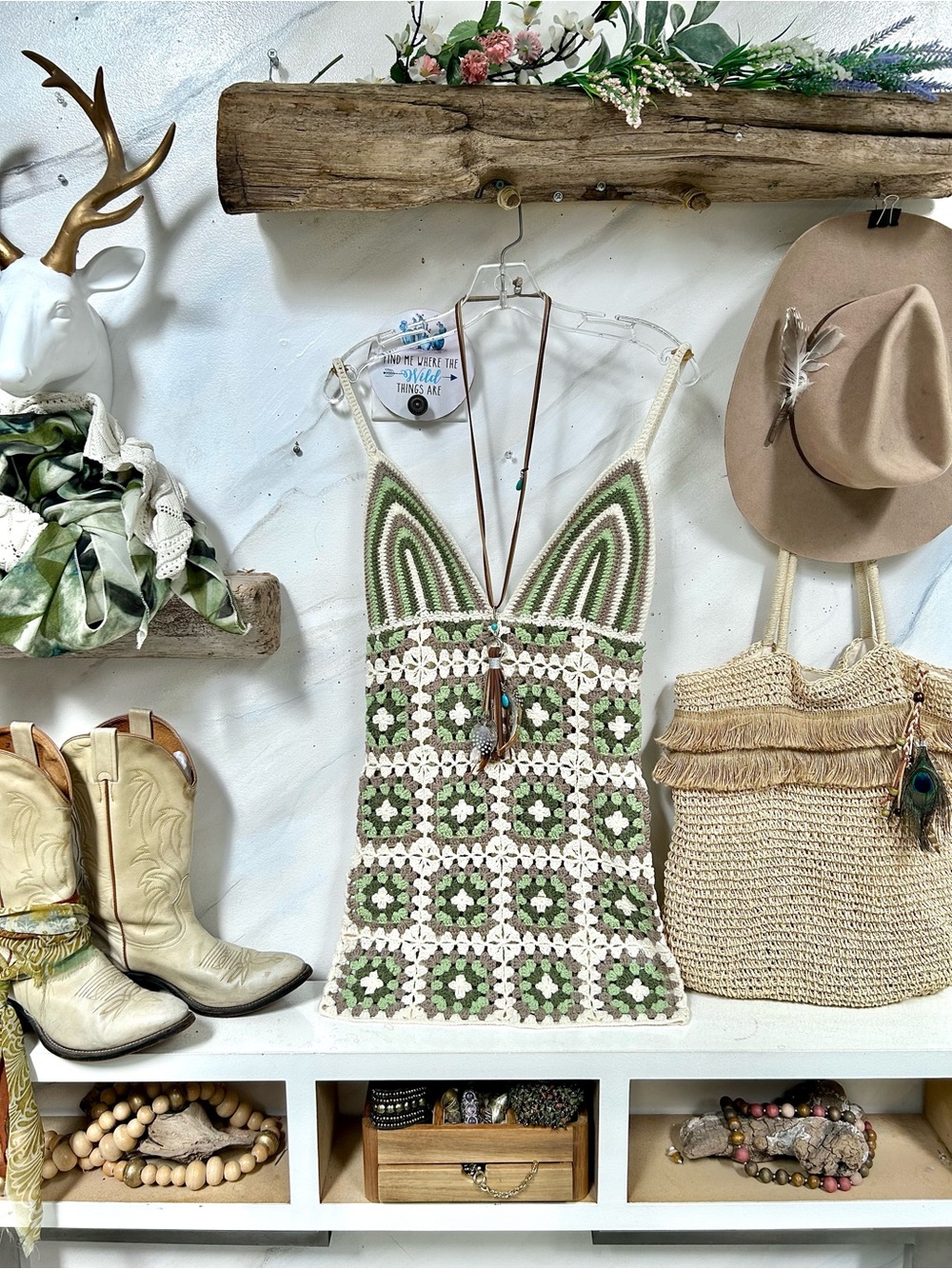 Granny square boho dress/tunic w resort vacay beach hippy festival prairie vibe